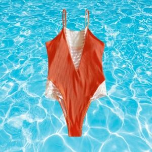 Orange Ribbed Mesh Trim One Piece Swimsuit